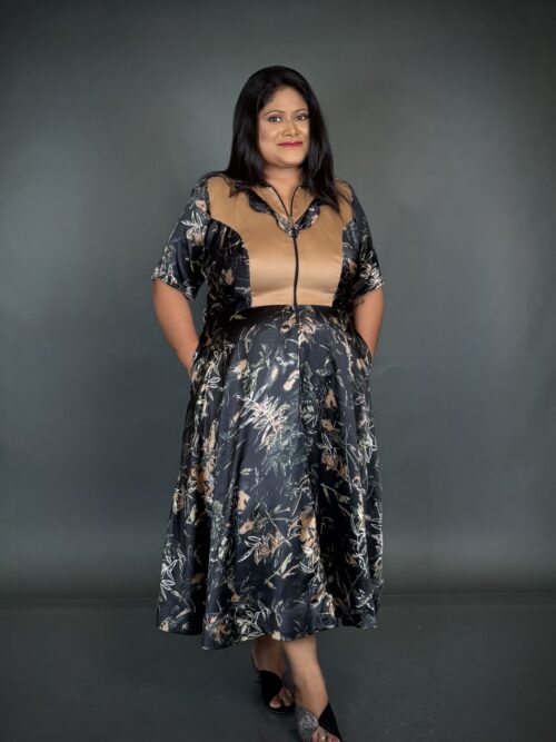 Elegant Beige & Black Satin Crepe Indo-Western Dress