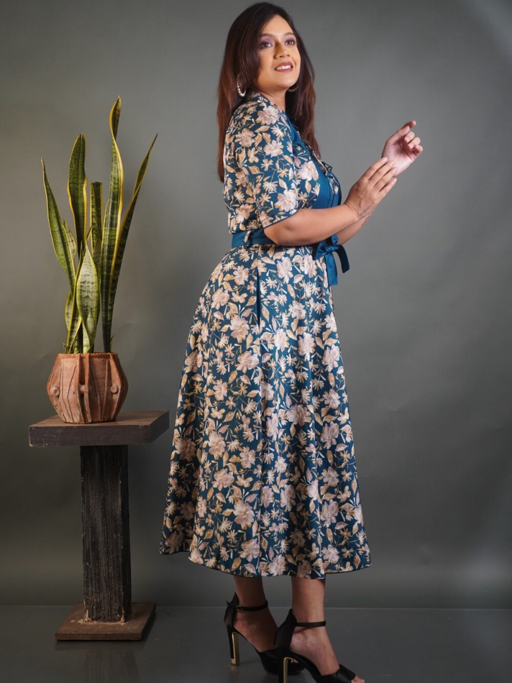 Peacock Elegance Satin Crepe Indo‑Western Dress - Image 2