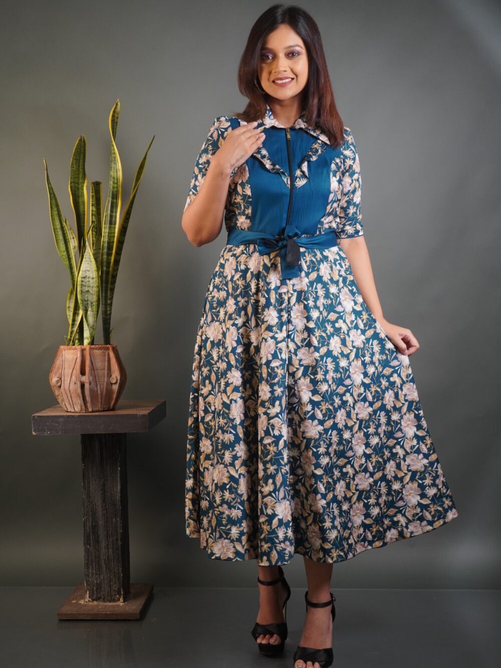 Peacock Elegance Satin Crepe Indo‑Western Dress