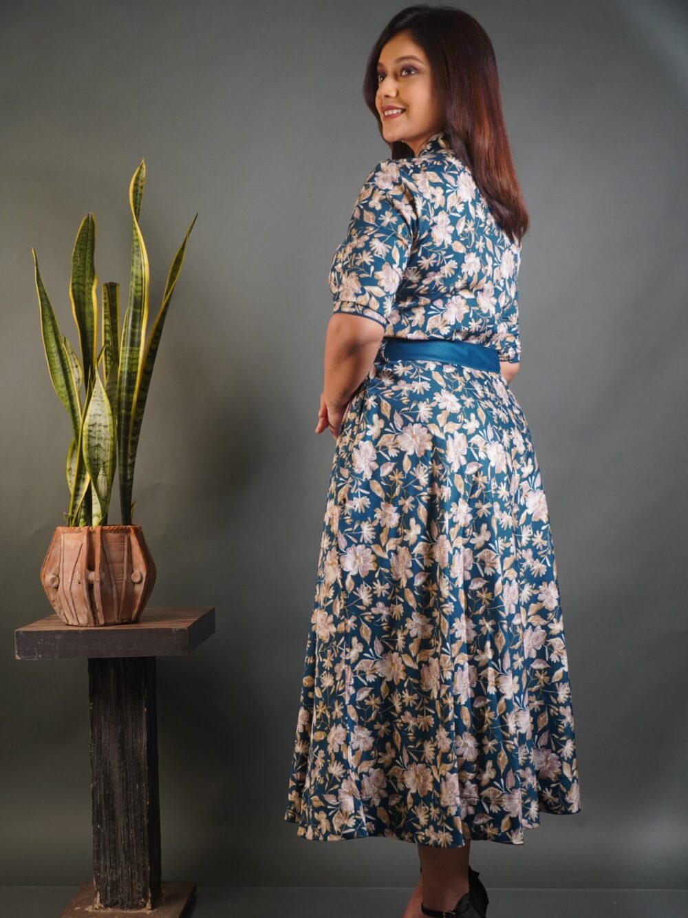 Peacock Elegance Satin Crepe Indo‑Western Dress - Image 3