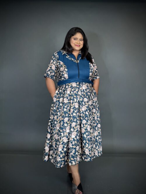 Peacock Blue & Beige Printed Satin Crepe Indo-Western Dress