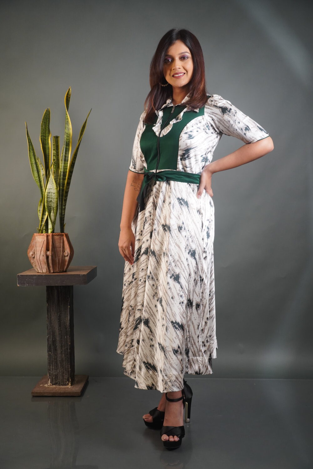 Off‑White Bottle‑Green Satin Crepe Dress - Image 4