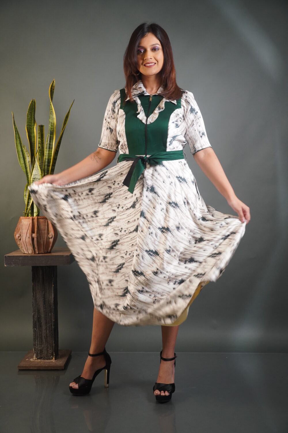Off‑White Bottle‑Green Satin Crepe Dress - Image 3