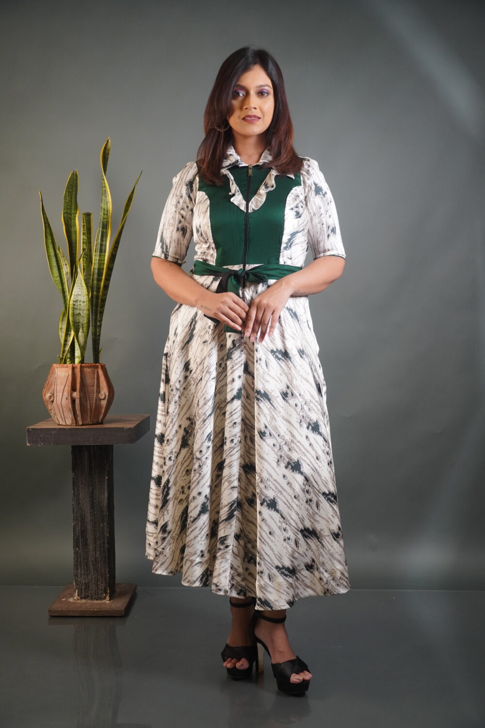 Off‑White Bottle‑Green Satin Crepe Dress