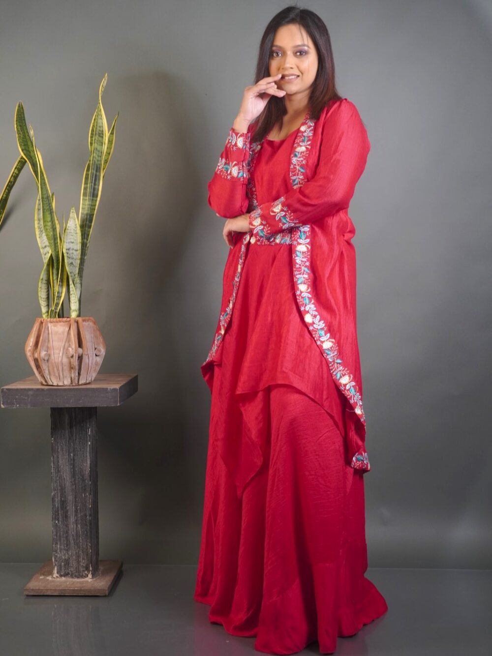 Hot Pink Dola Silk Embroidered Fusion Party Set - Image 2