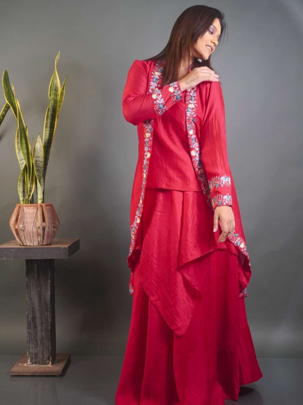 Hot Pink Dola Silk Embroidered Fusion Party Set