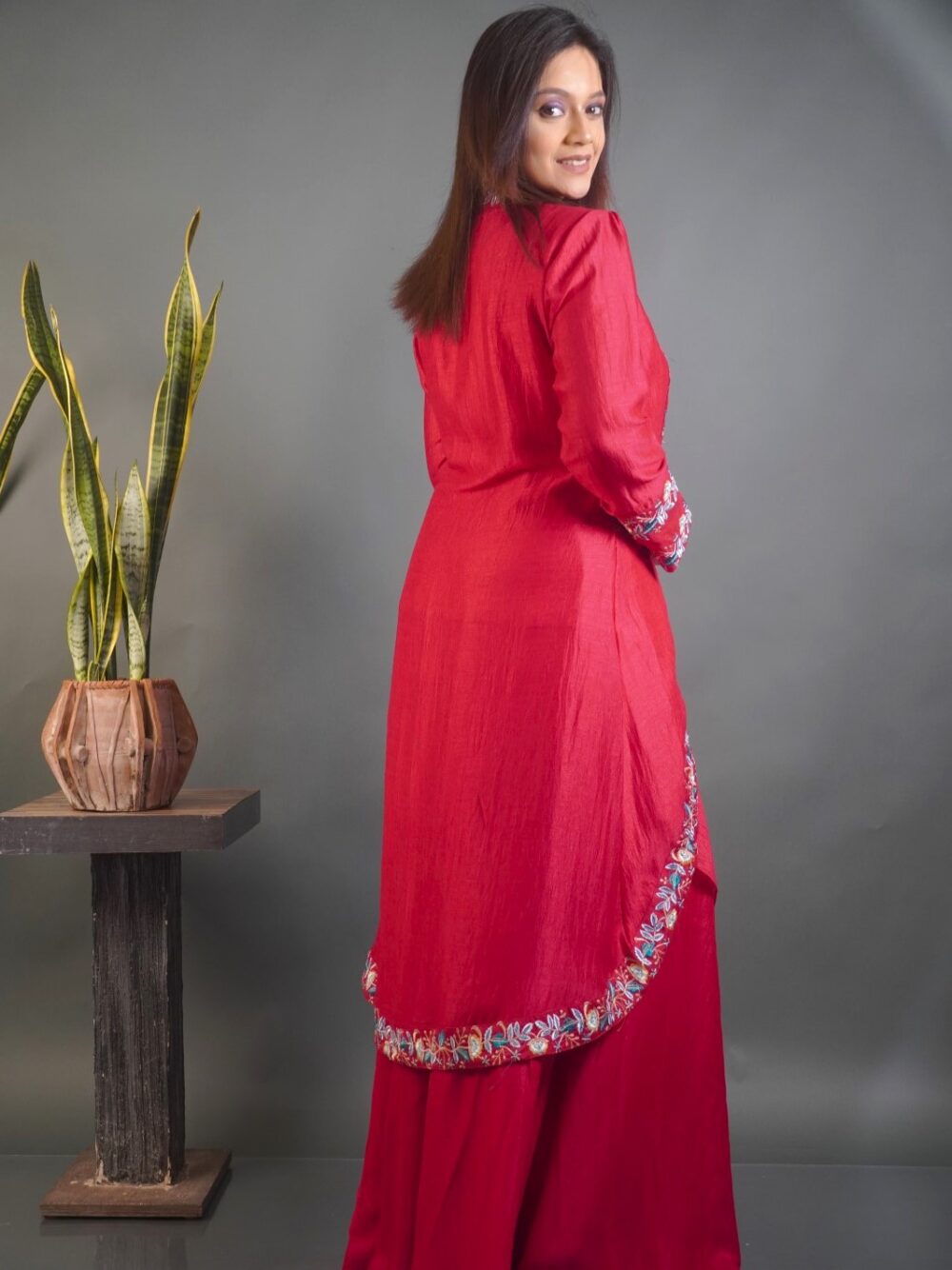 Hot Pink Dola Silk Embroidered Fusion Party Set - Image 3