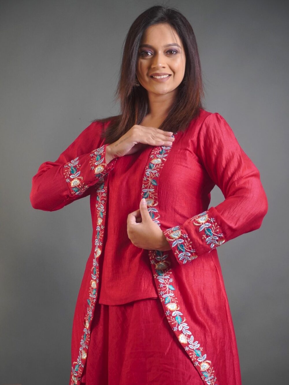 Hot Pink Dola Silk Embroidered Fusion Party Set - Image 4
