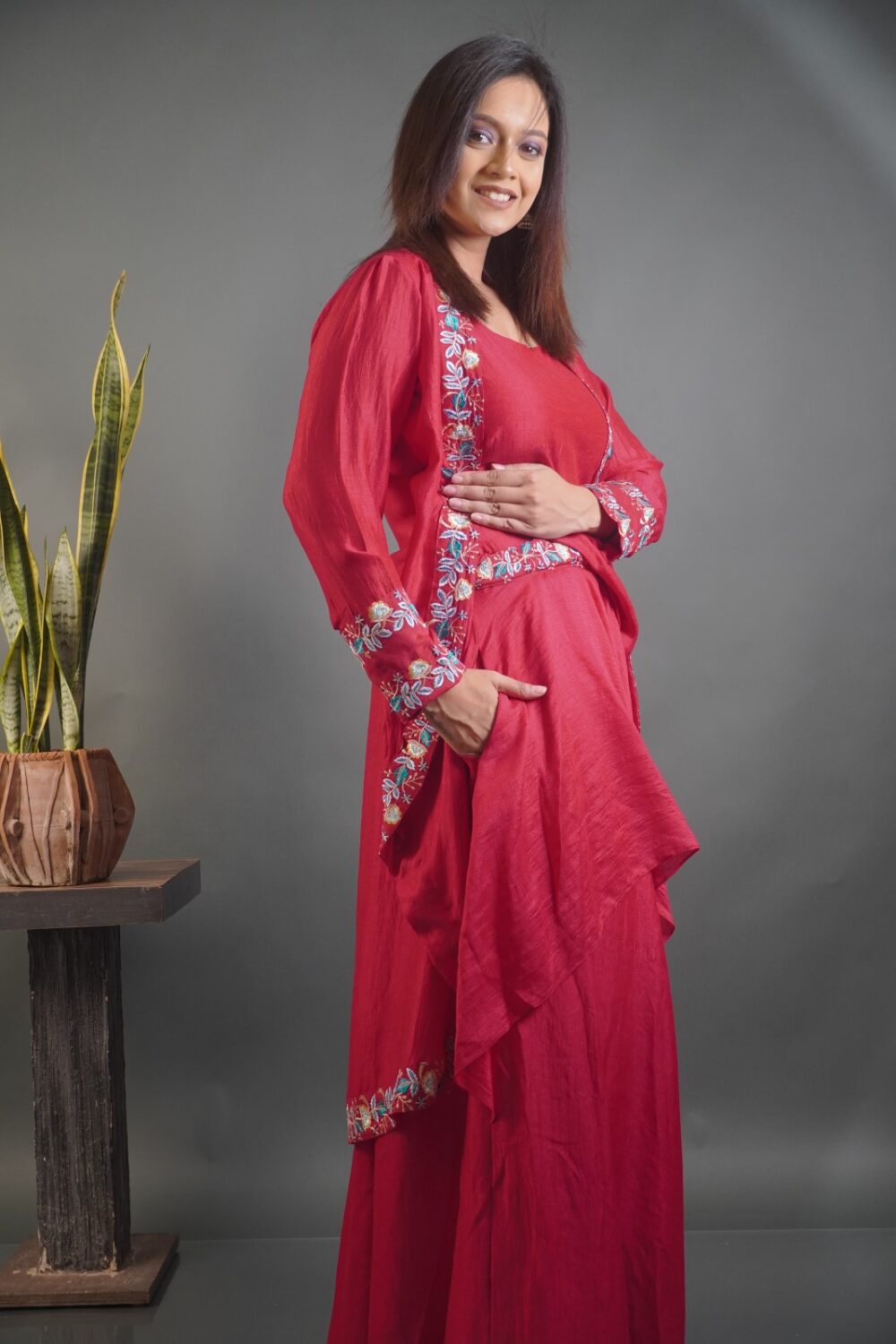 Hot Pink Dola Silk Embroidered Fusion Party Set - Image 5