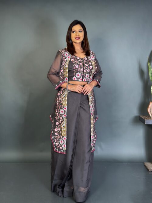 Elegant Steel-Gray Organza 3-Piece Set with Thread Embroidery