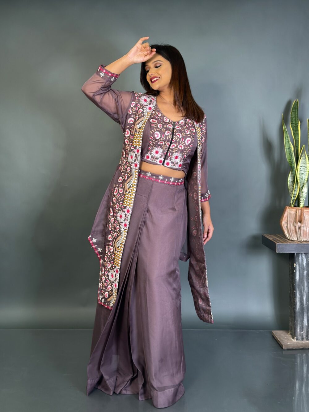 Designer Onion Pink Organza 3-Piece Set for Party Wear - Image 2