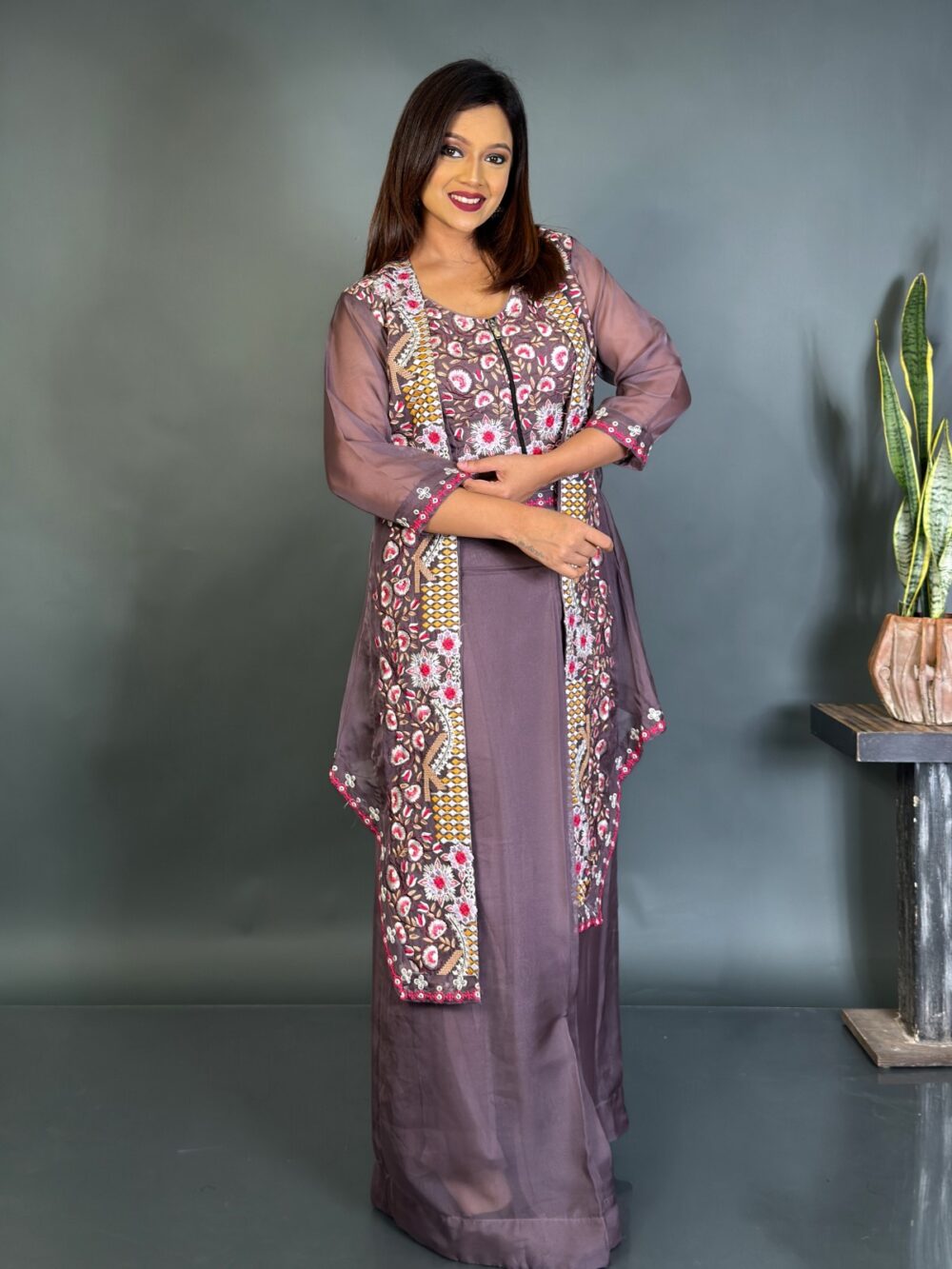 Designer Onion Pink Organza 3-Piece Set for Party Wear
