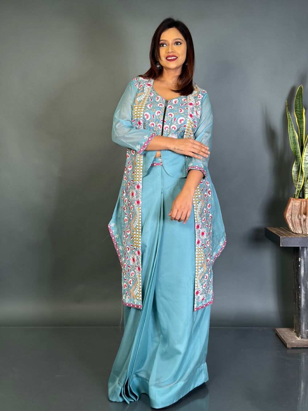 Aqua Blue Organza 3-Piece Set with Multicolor Thread Work