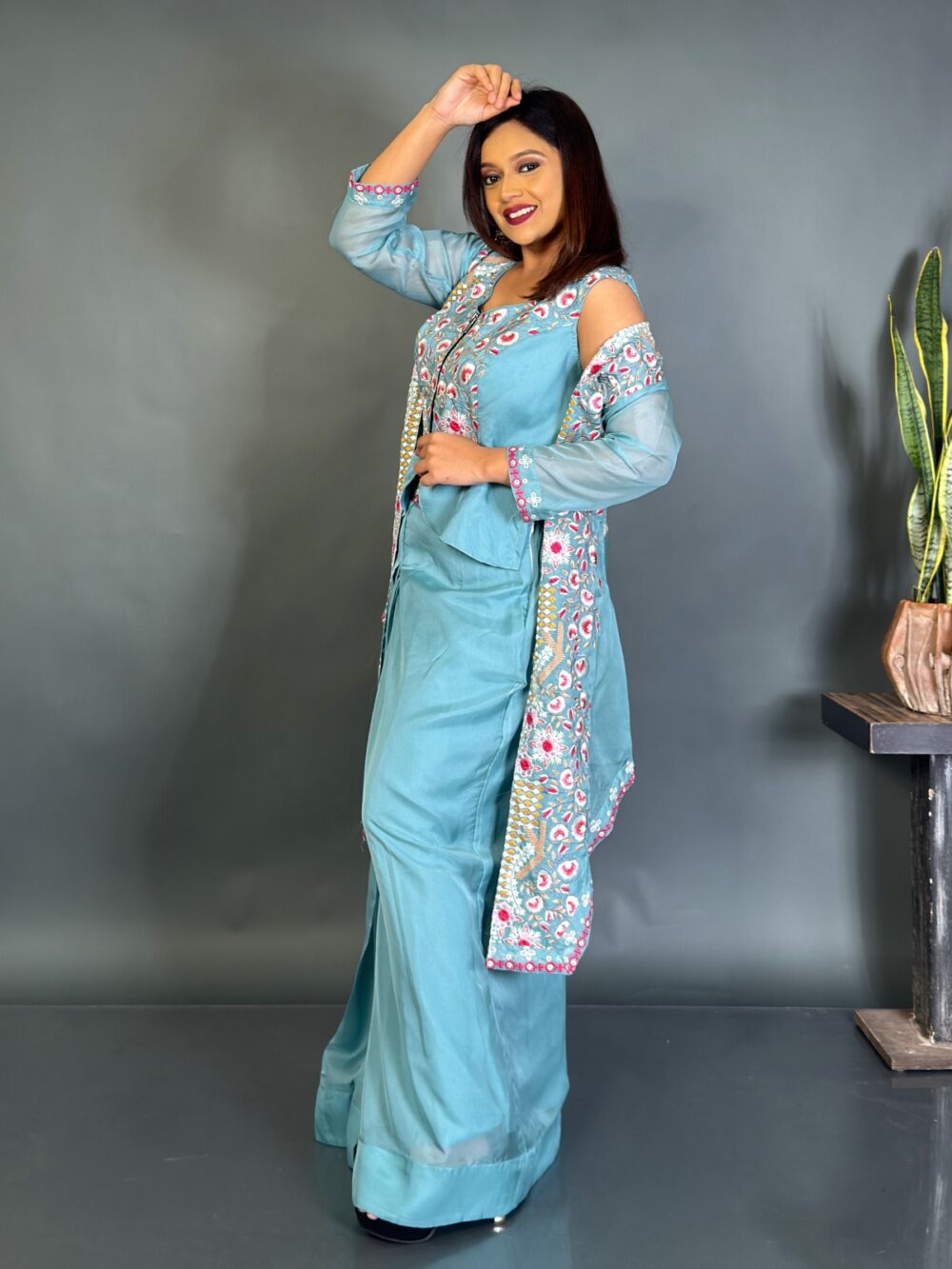 Aqua Blue Organza 3-Piece Set with Multicolor Thread Work - Image 3