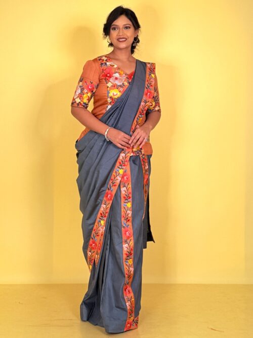 Elegant Ember Tussar Embroidered Ready-to-Wear Saree Set