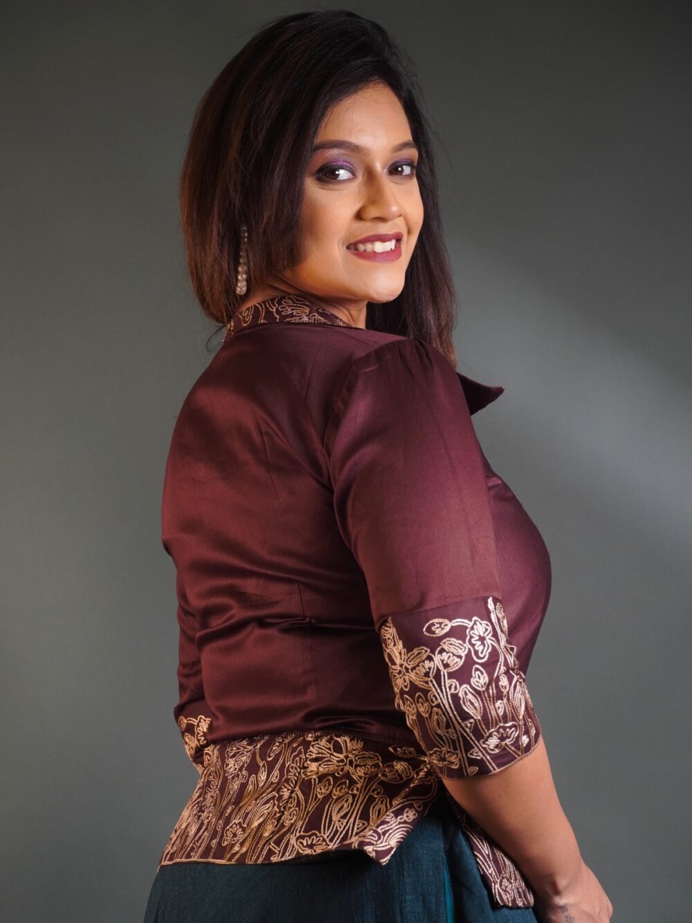 Choco Elegance Collared Embroidered Designer Blouse - Image 3