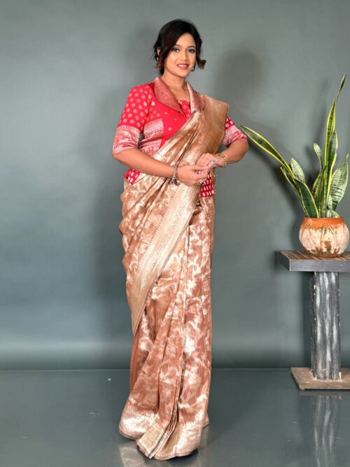 Peach Bloom Elegance Organza Banarasi Ready Saree