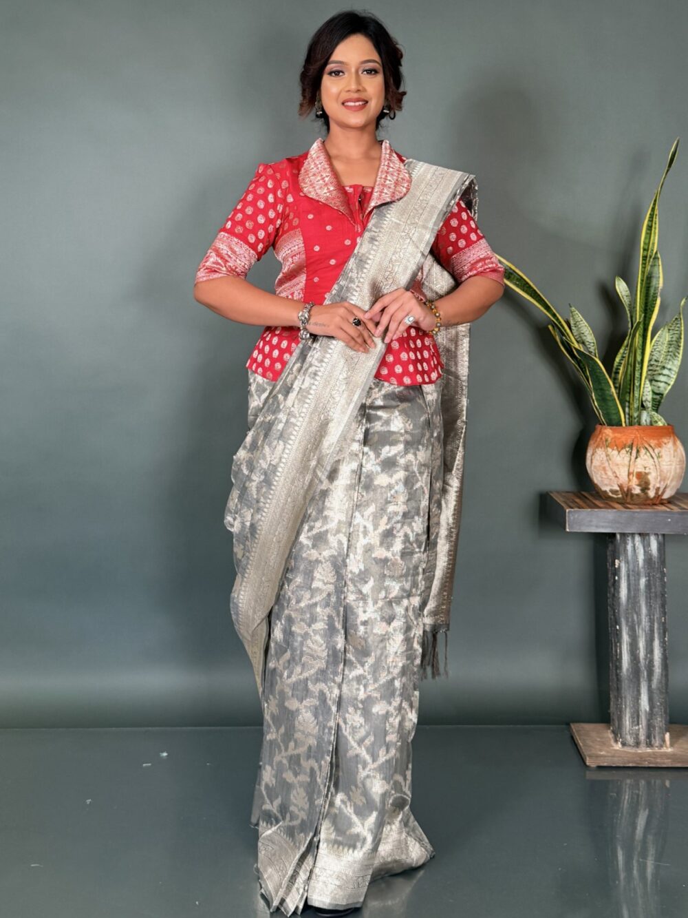 Ethereal Drape – Light Steel Organza Tissue Saree - Image 2