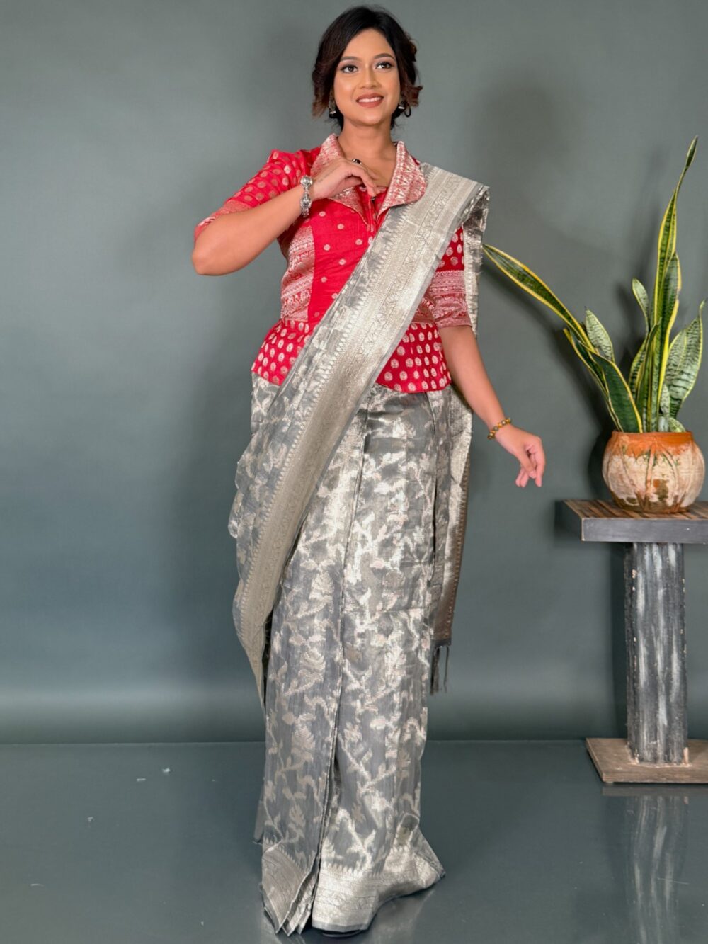 Ethereal Drape – Light Steel Organza Tissue Saree