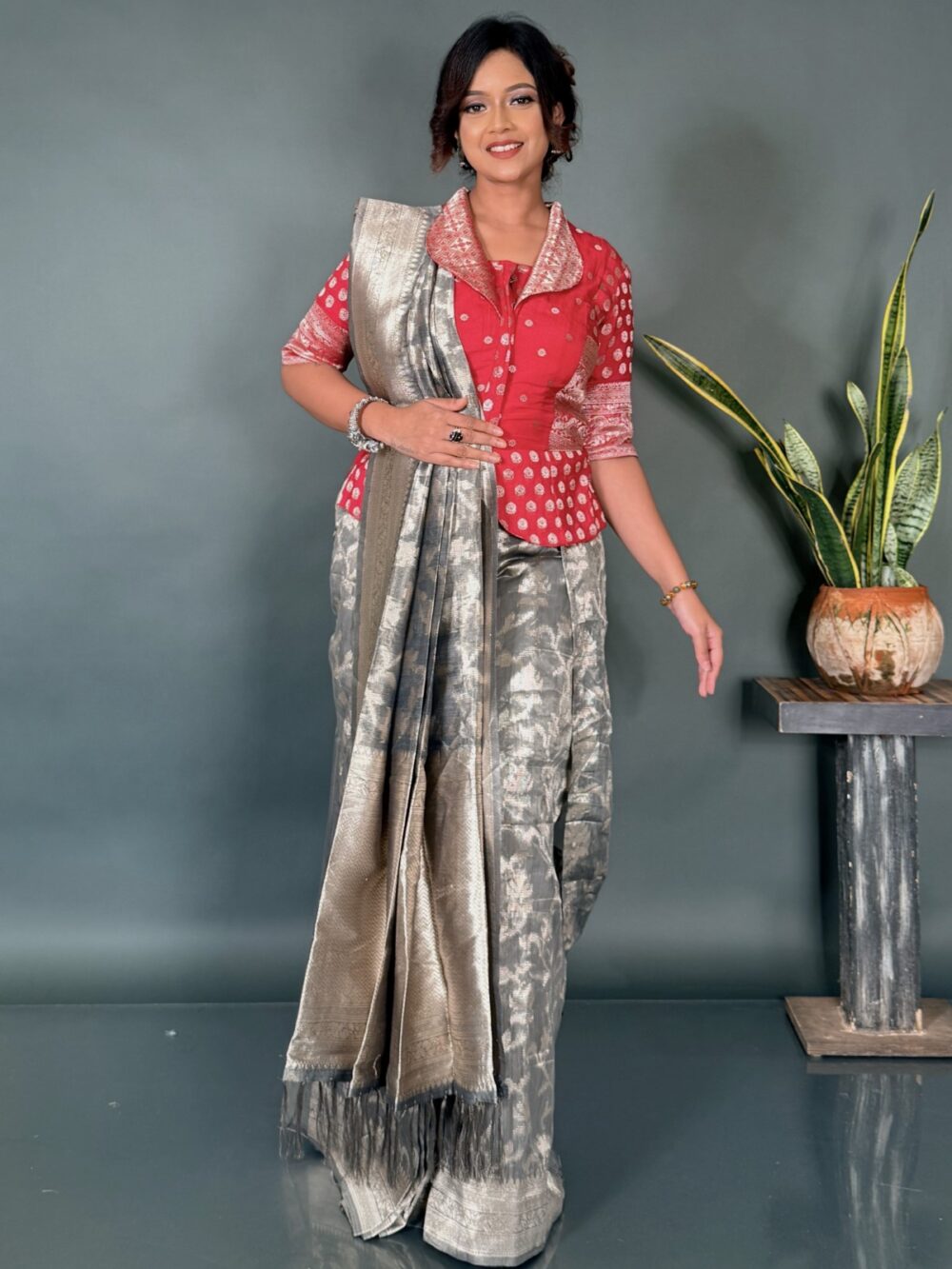 Ethereal Drape – Light Steel Organza Tissue Saree - Image 3