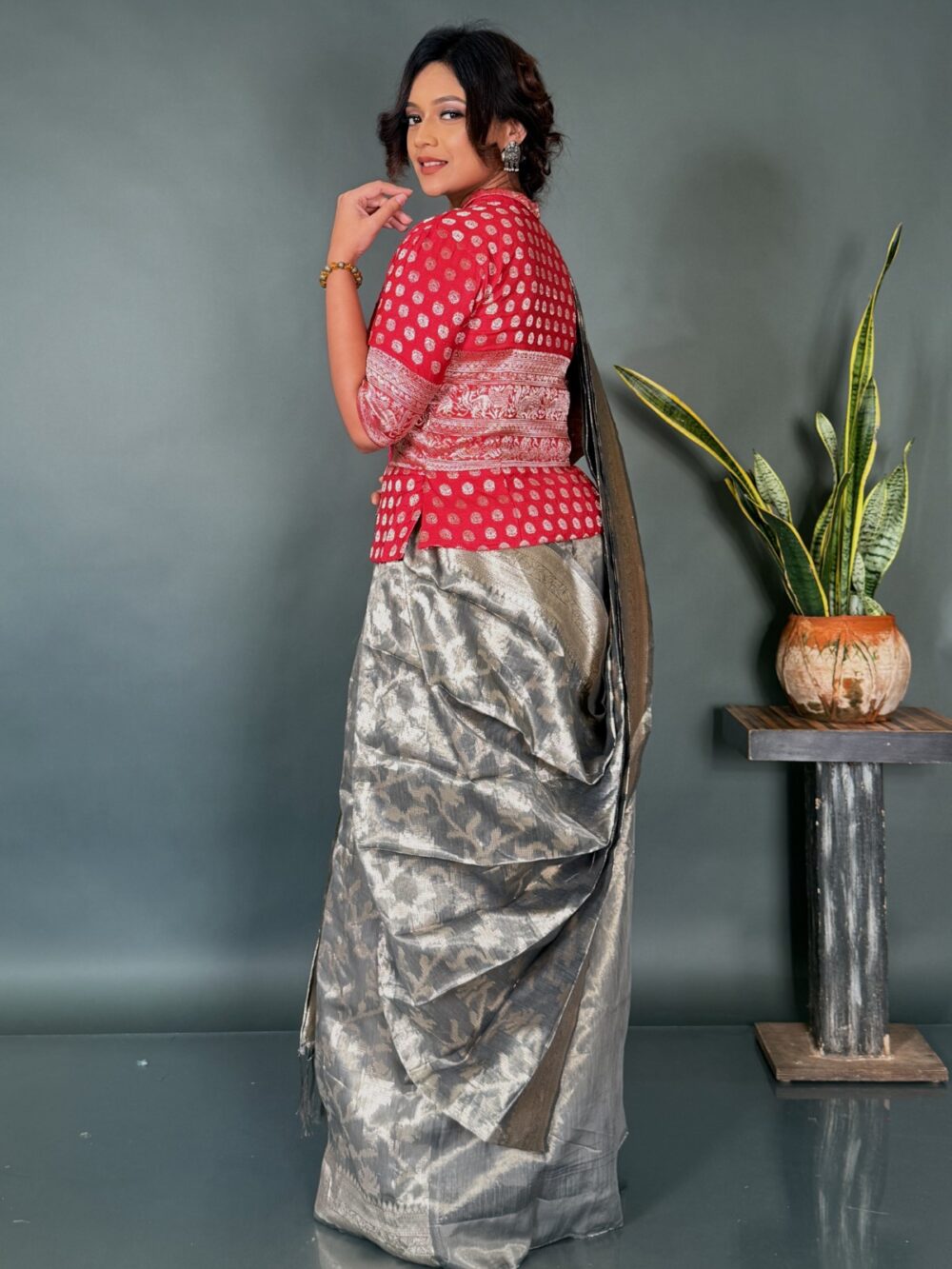 Ethereal Drape – Light Steel Organza Tissue Saree - Image 6