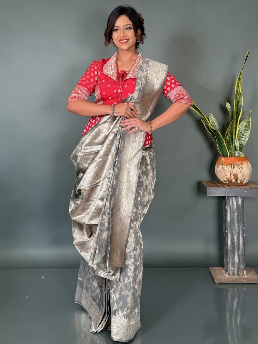 Ethereal Drape – Light Steel Organza Tissue Saree - Image 5