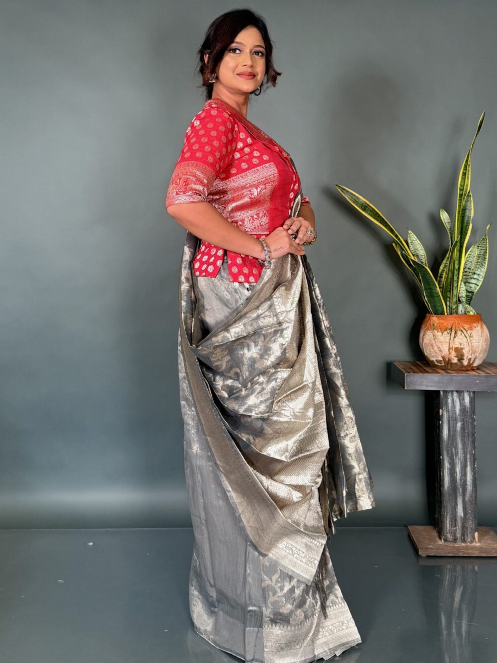 Ethereal Drape – Light Steel Organza Tissue Saree - Image 7