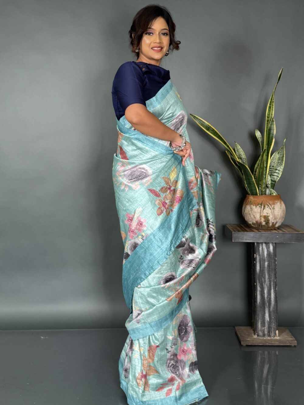 Aqua Bloom Sea Green Printed Satin Saree - Image 2