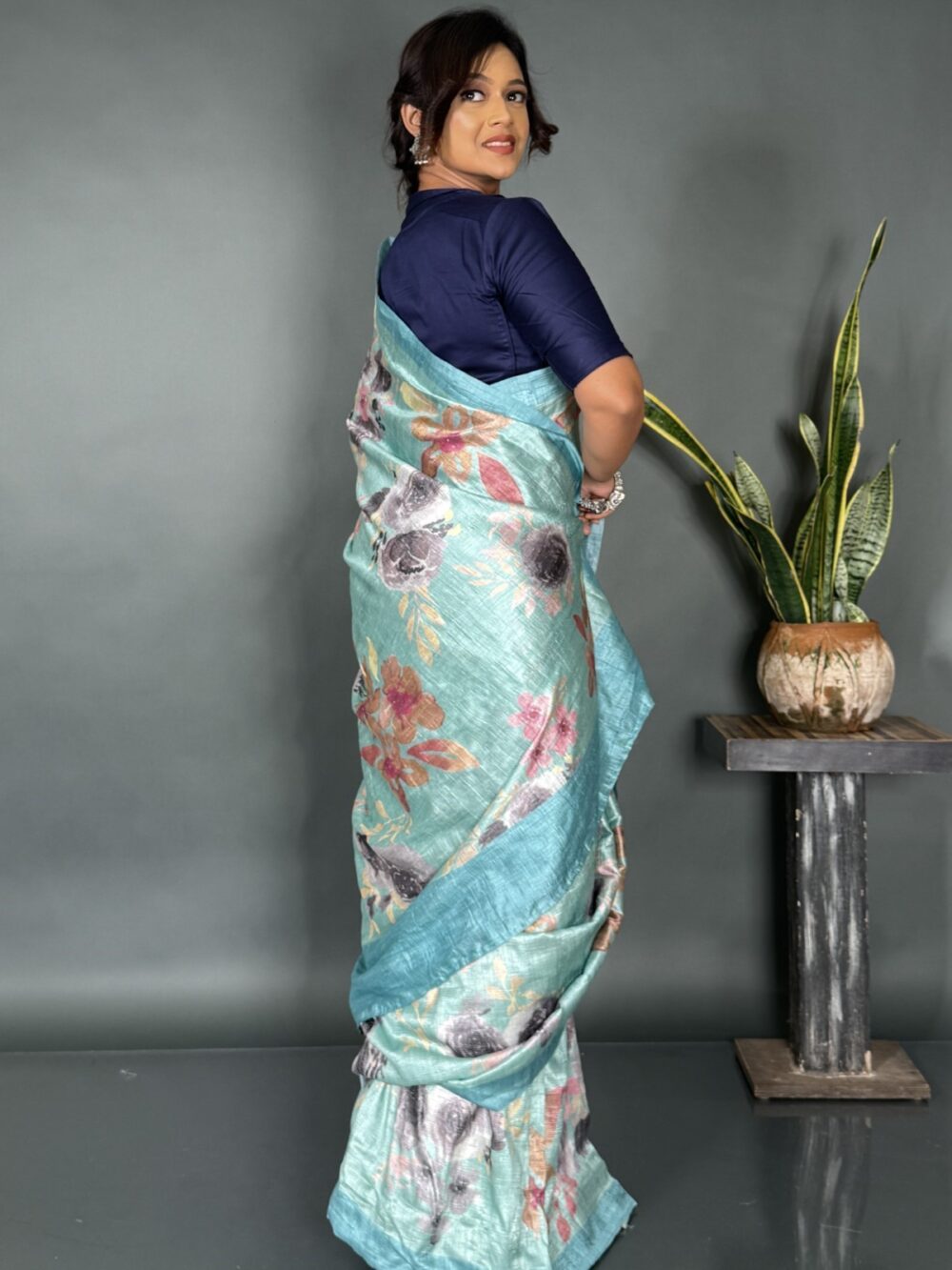 Aqua Bloom Sea Green Printed Satin Saree - Image 3