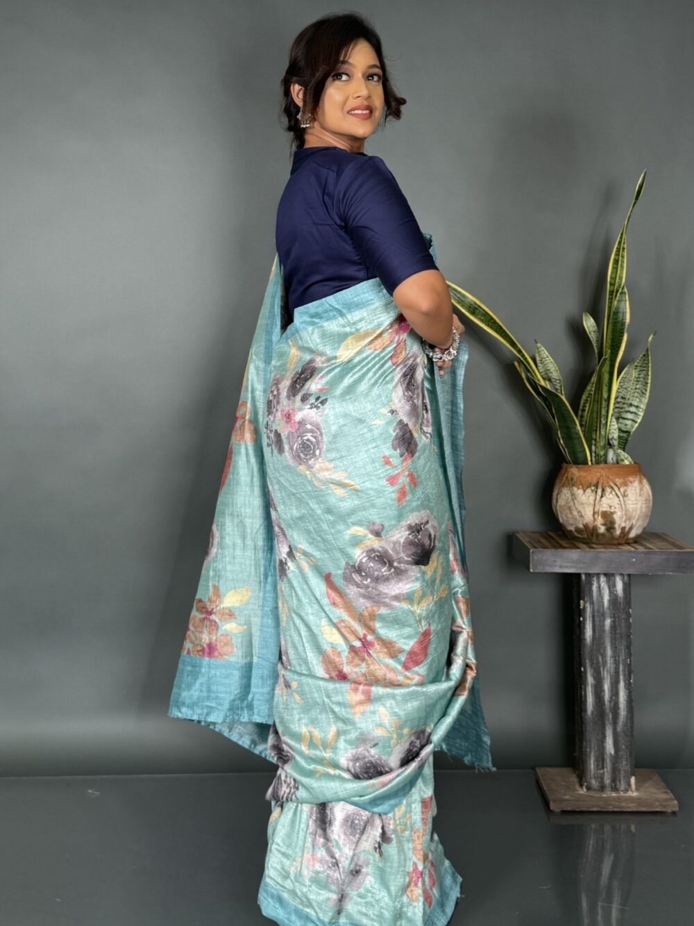 Aqua Bloom Sea Green Printed Satin Saree - Image 4
