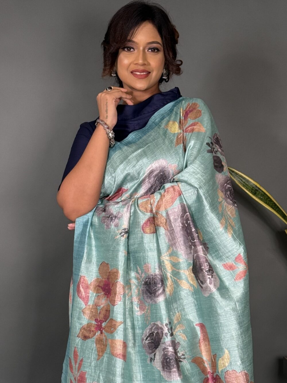 Aqua Bloom Sea Green Printed Satin Saree - Image 5