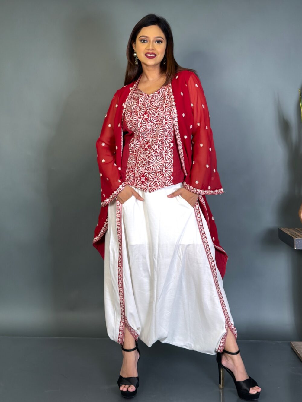 BohoBloom Maroon Fusion Set with Embroidery Elegance