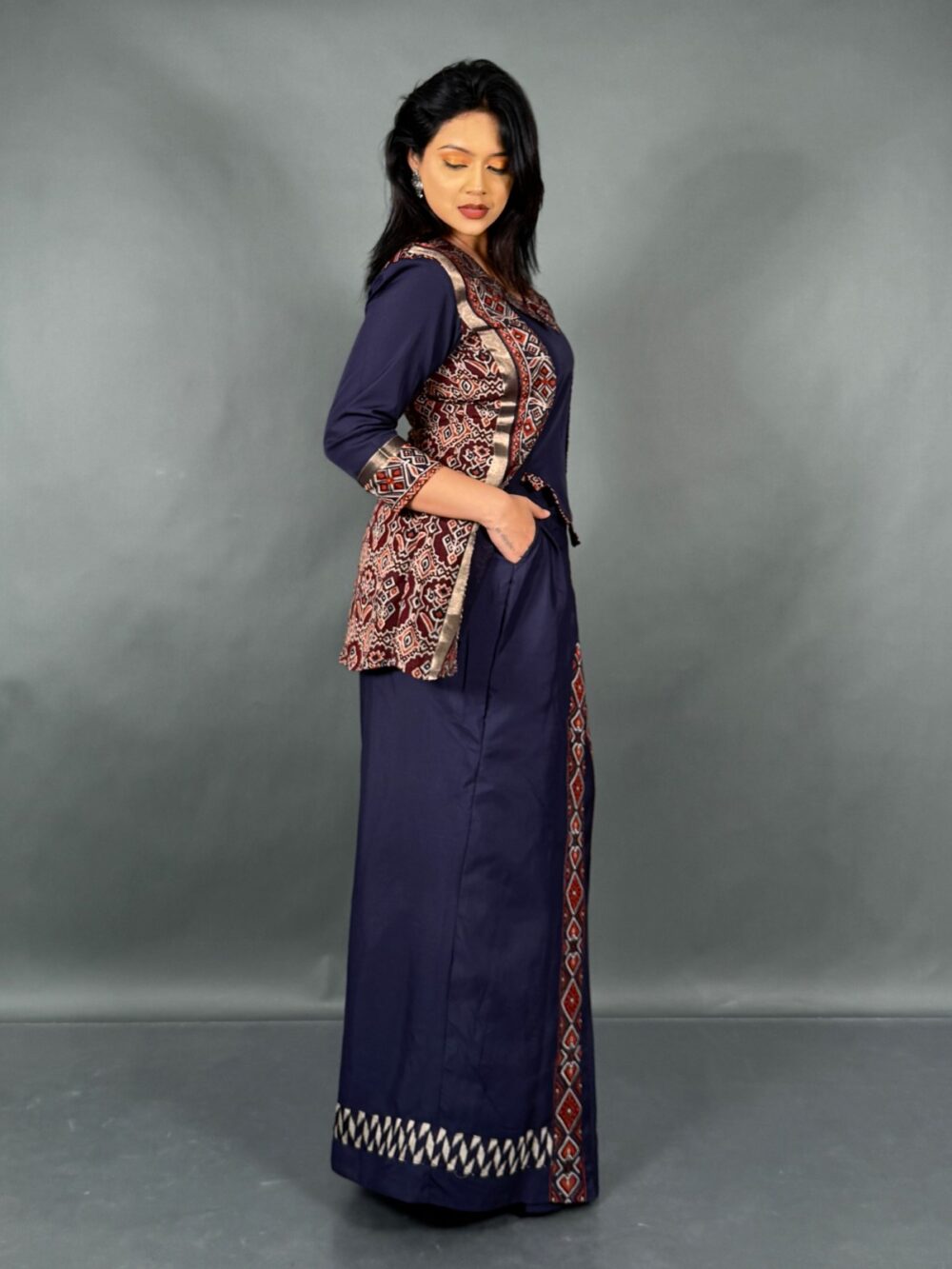 Midnight Muse Navy Blue Chanderi Fusion Set - Image 2