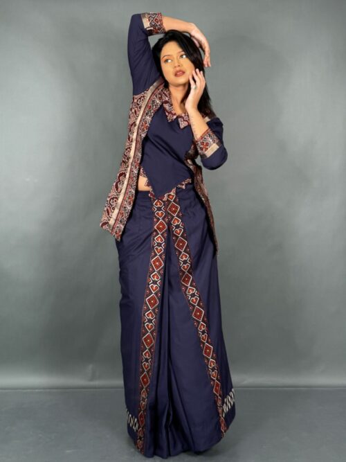 Midnight Muse Navy Blue Chanderi Fusion Set