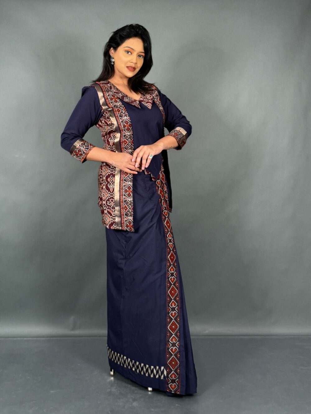 Midnight Muse Navy Blue Chanderi Fusion Set - Image 4
