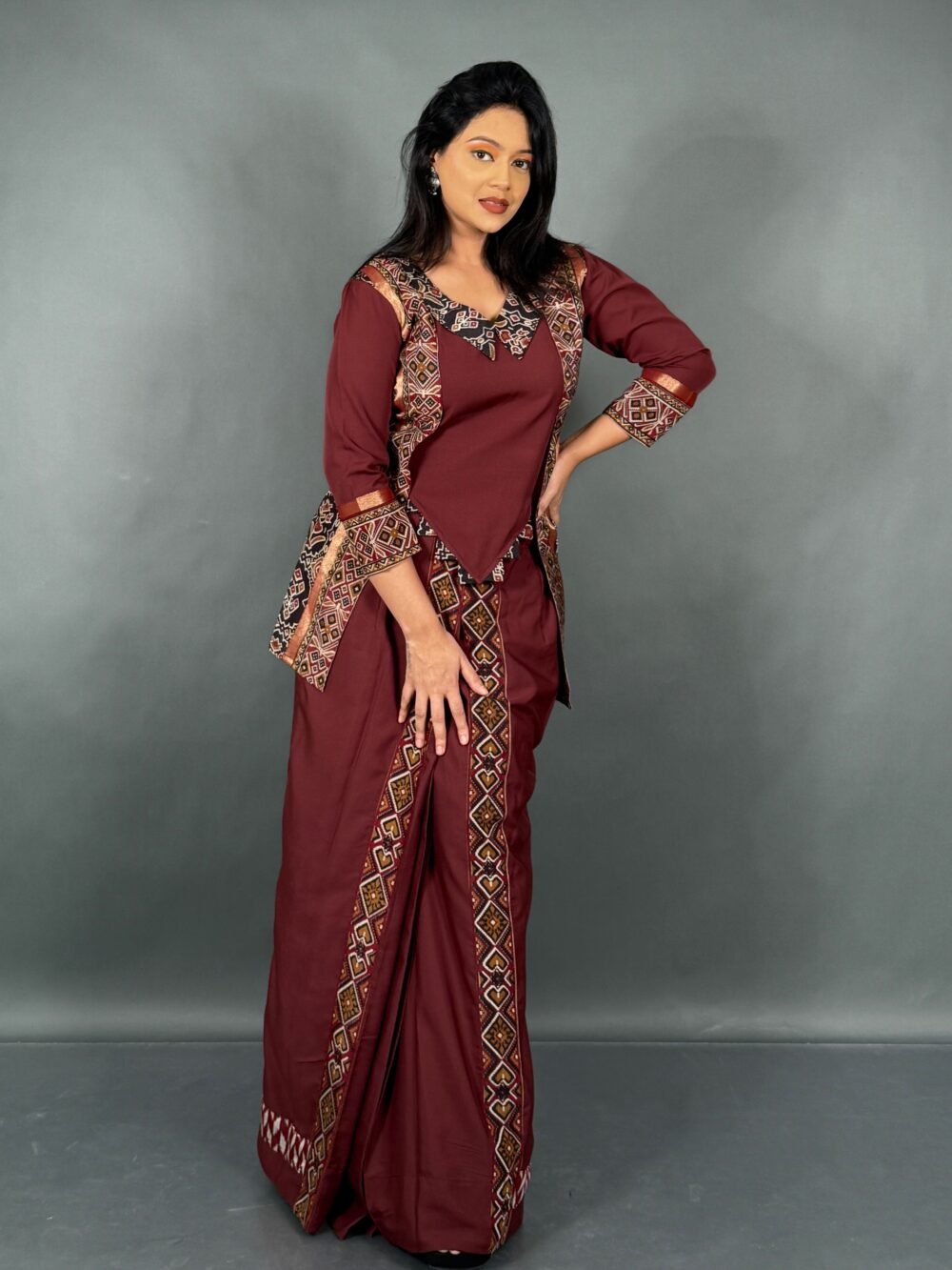 Chanderi Charm Maroon Fusion Wear Set - Image 4