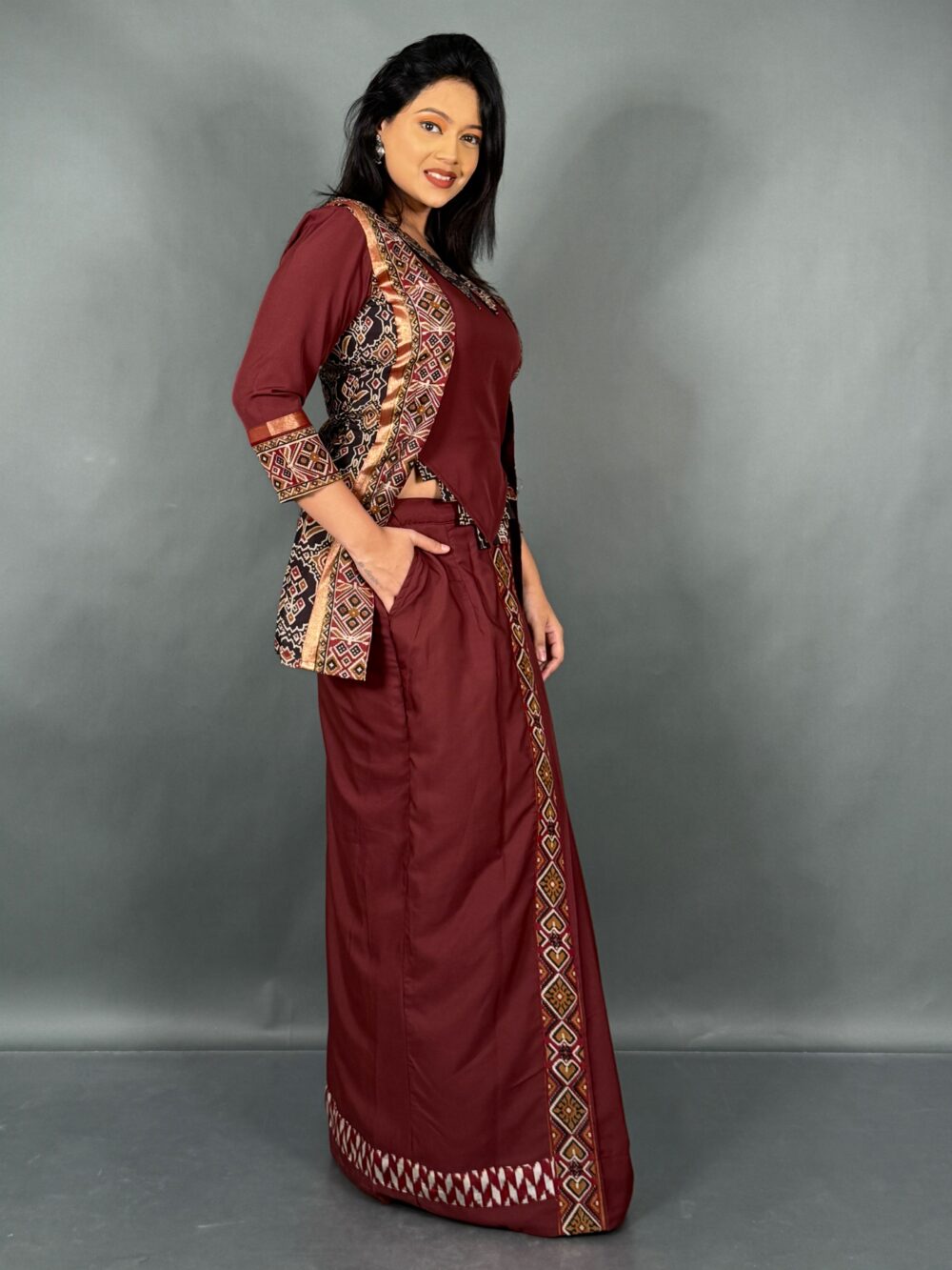 Chanderi Charm Maroon Fusion Wear Set - Image 2