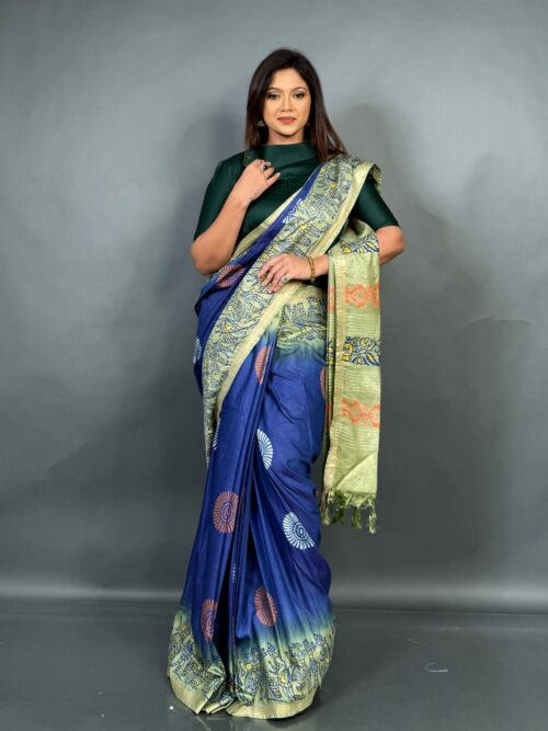 Parrot Green Accents on Royal Blue Tussar Saree