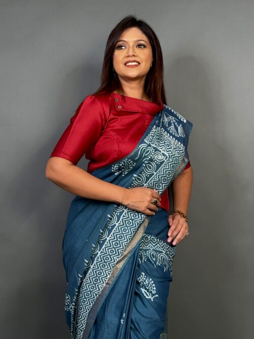 Peacock Whisper Hand-Printed Tussar Designer Saree