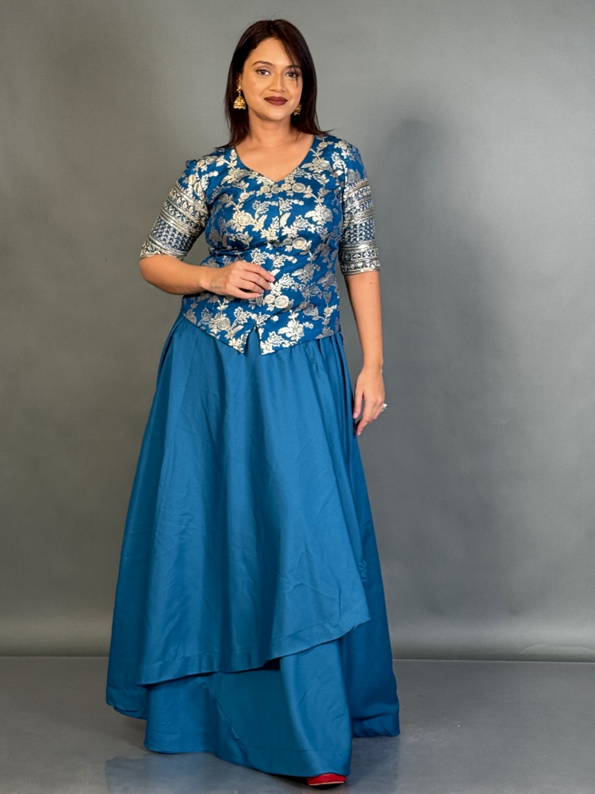 Statement Blue Embroidered Blouse and Skirt Fusion for Curvy Queens - Image 3