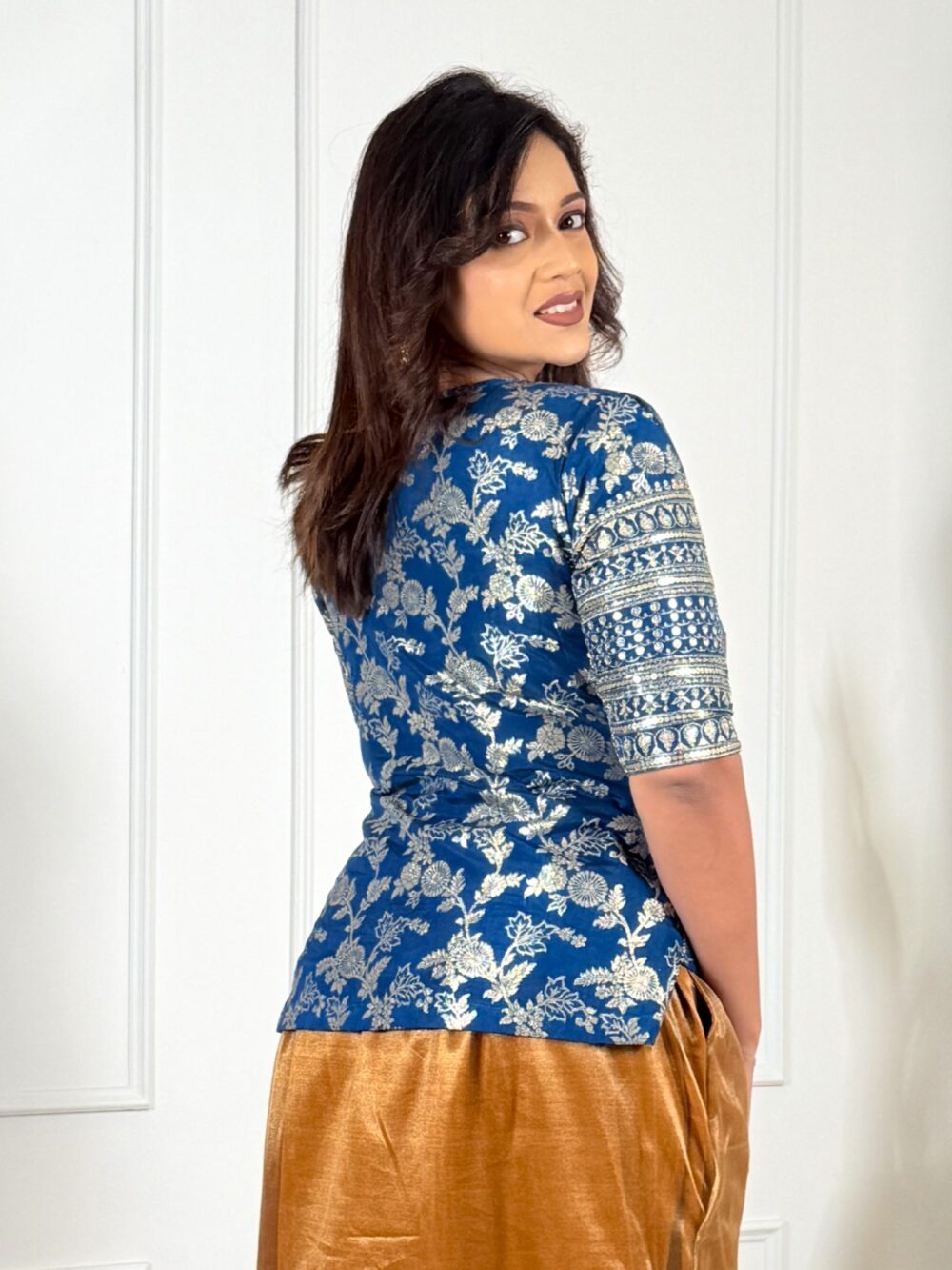 Urban Ethnic Blue Blouse with Embroidered Glam - Image 2