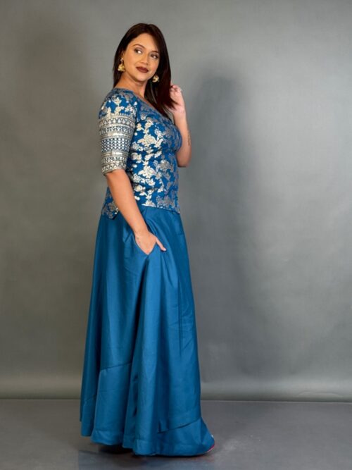 Statement Blue Embroidered Blouse and Skirt Fusion for Curvy Queens