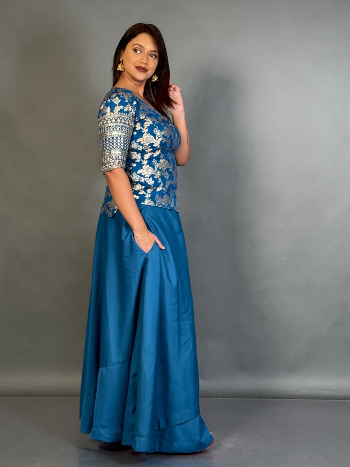 Statement Blue Embroidered Blouse and Skirt Fusion for Curvy Queens