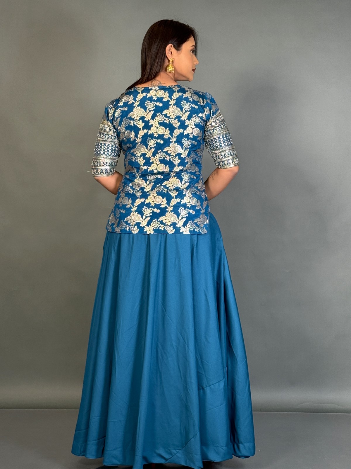 Statement Blue Embroidered Blouse and Skirt Fusion for Curvy Queens - Image 2