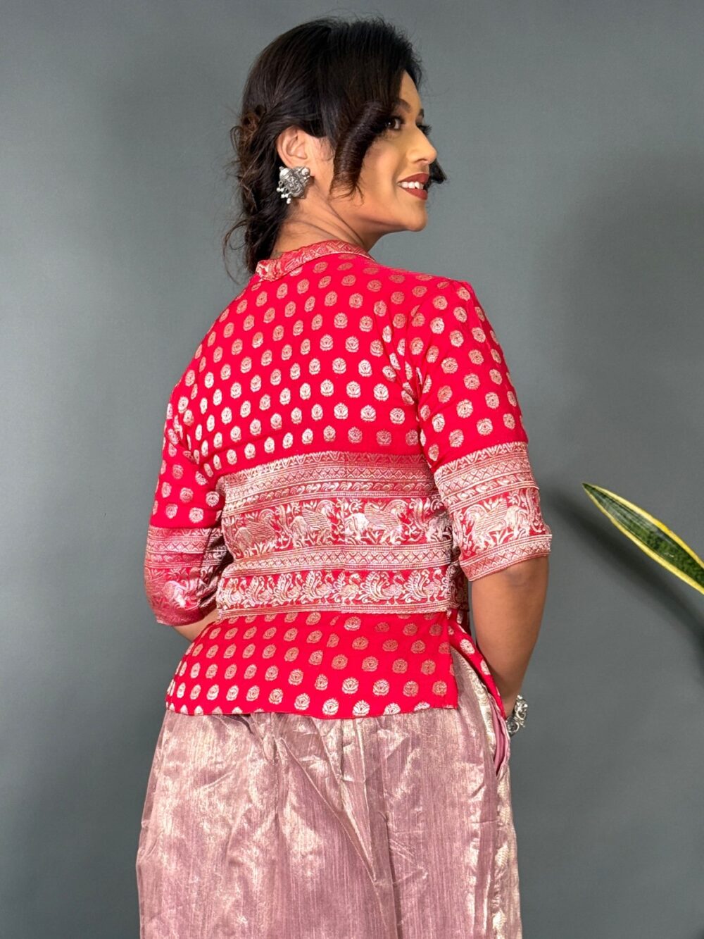 Hot Pink Edge Banarasi Khaddi Blazer Blouse - Image 2