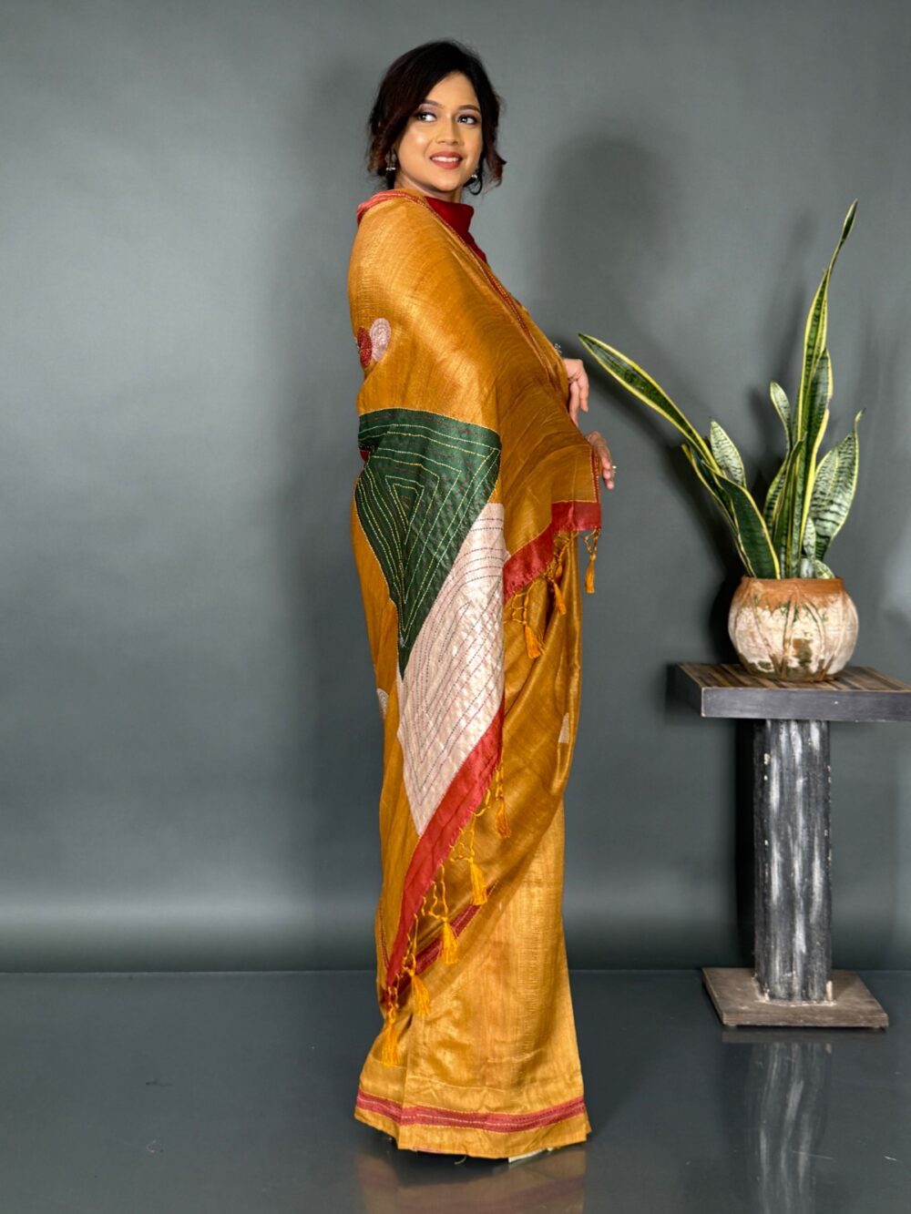 Mustard Yellow Ready-to-Wear Saree - Image 3