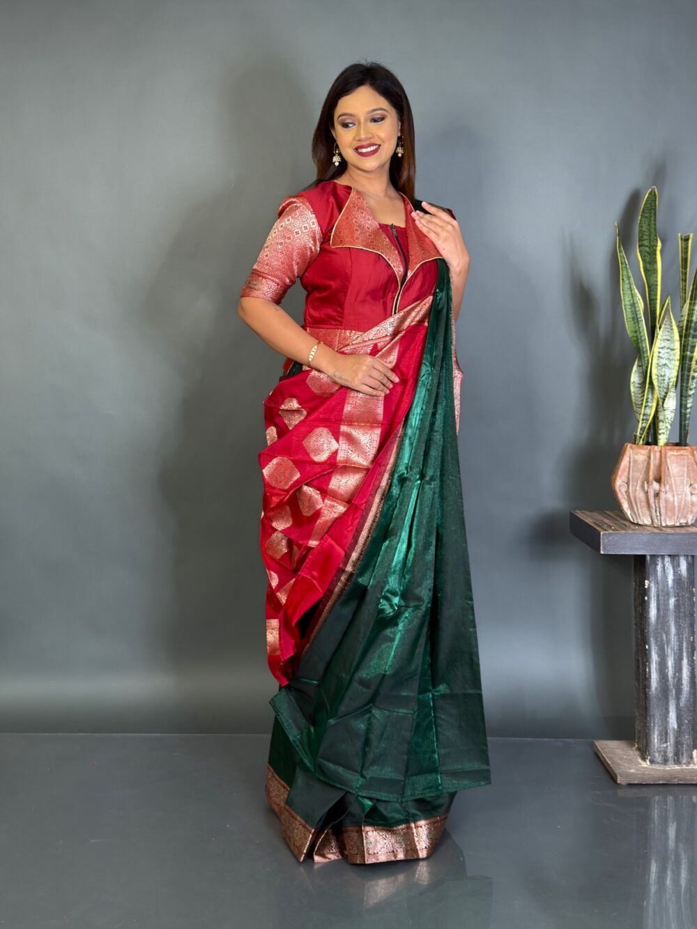 Graceful Emerald Green Ready Saree Set – Maroon Twist