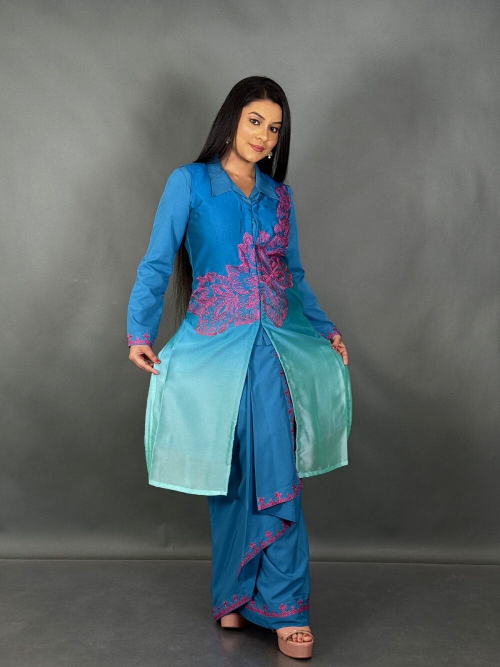 Ocean Bloom Firoza & Aqua Blue Embroidered Fusion Set - Image 3
