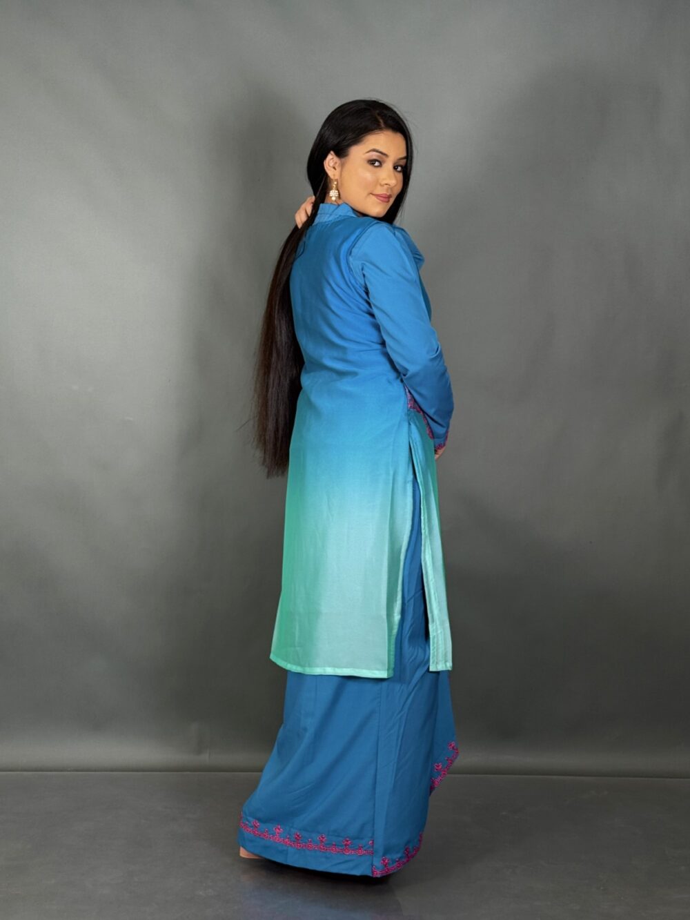 Ocean Bloom Firoza & Aqua Blue Embroidered Fusion Set - Image 4