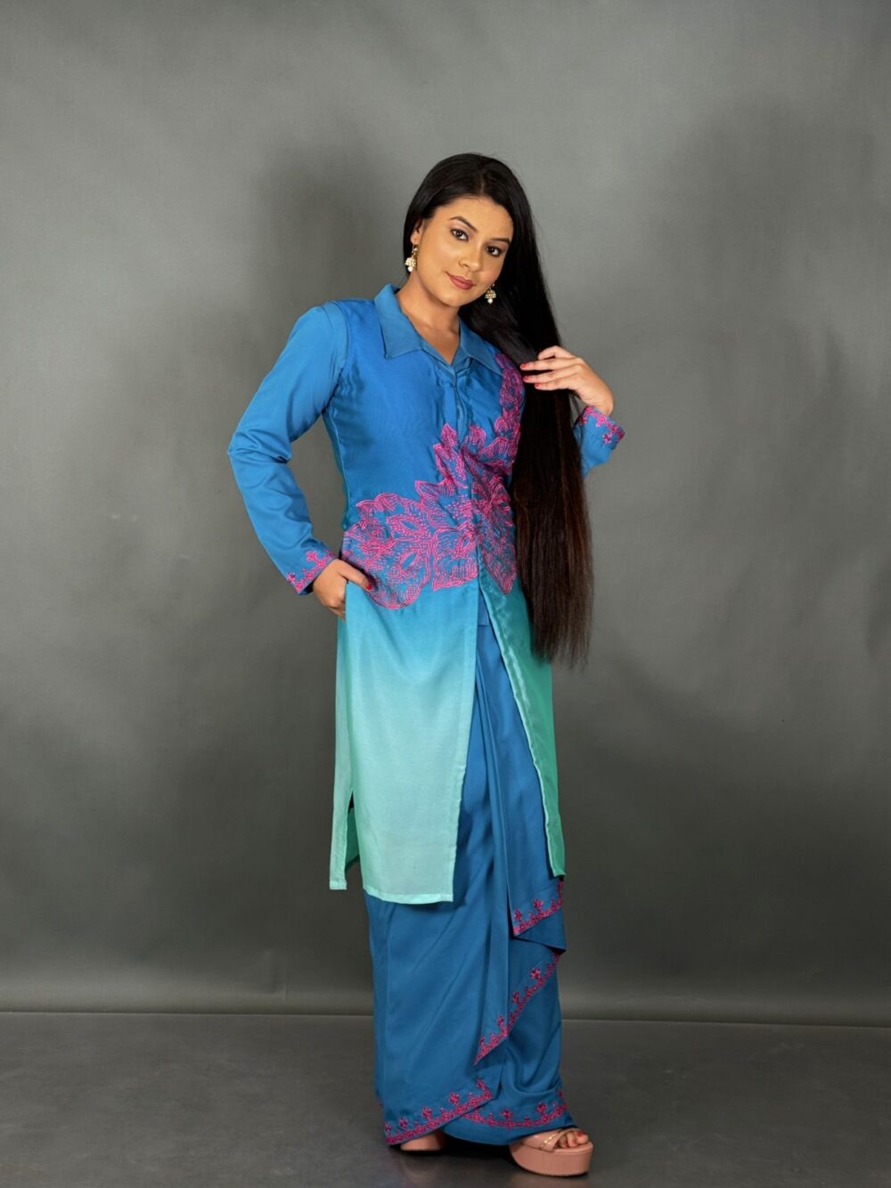 Ocean Bloom Firoza & Aqua Blue Embroidered Fusion Set - Image 5